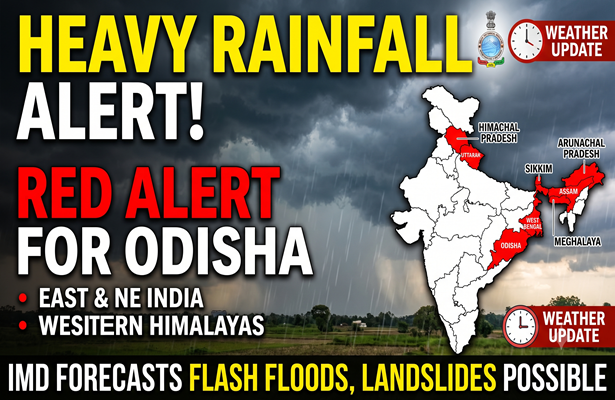 IMD Forecasts Heavy Rainfall Across East, Northeast India, and Western Himalayas; Red Alert Issued for Odisha